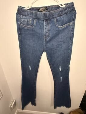 Women’s Bling It On Jeans Medium M Blue Stretch Distressed Raw Hem Pull‑On Jeggi